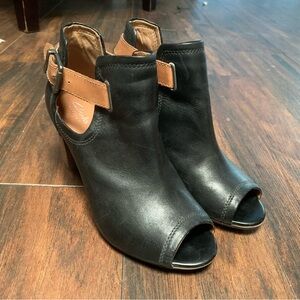 Clarks Black and Brown Peep-Toe Heeled Boots